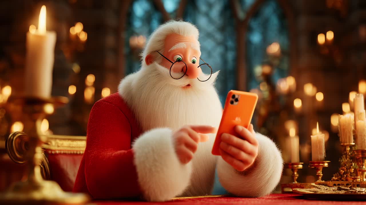 Whimsical Santa Claus Engaged with Smartphone Surrounded by Lit Candles in a Festive Room Full of Cheer, Perfect Christmas Spirit Scene Captured in Two Enchanting Frames