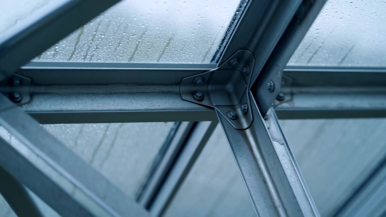 Primo piano di un giunto strutturale metallico che collega pannelli di vetro del tetto con barre di supporto diagonali. Gocce di pioggia si formano sulle superfici traslucide, creando un'atmosfera fresca e umida.