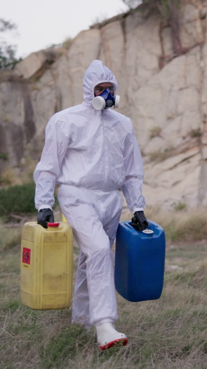 Person in Hazmat Suit Carrying Containers