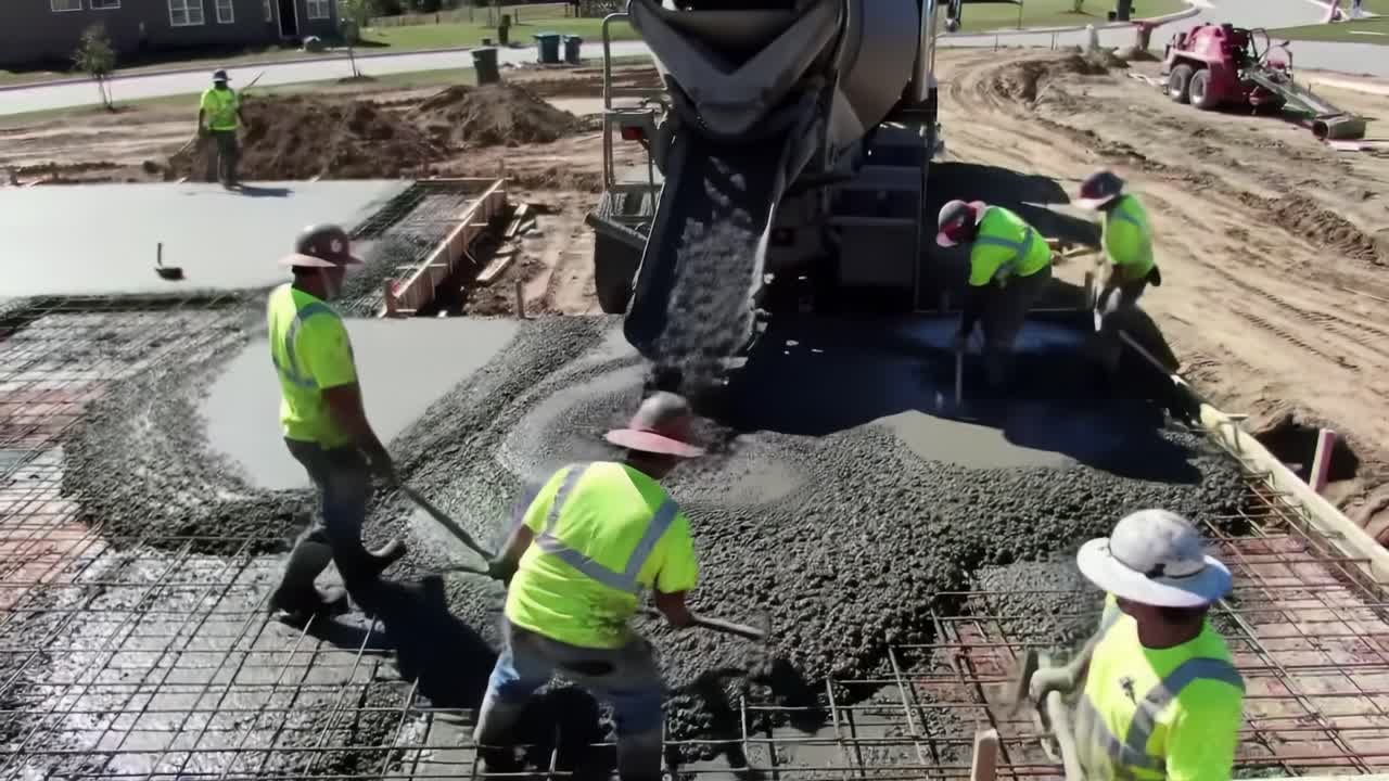 Construction workers collaborate at a new building site, pouring concrete into forms. The sunny weather aids their progress. Heavy machinery is actively involved in the process.