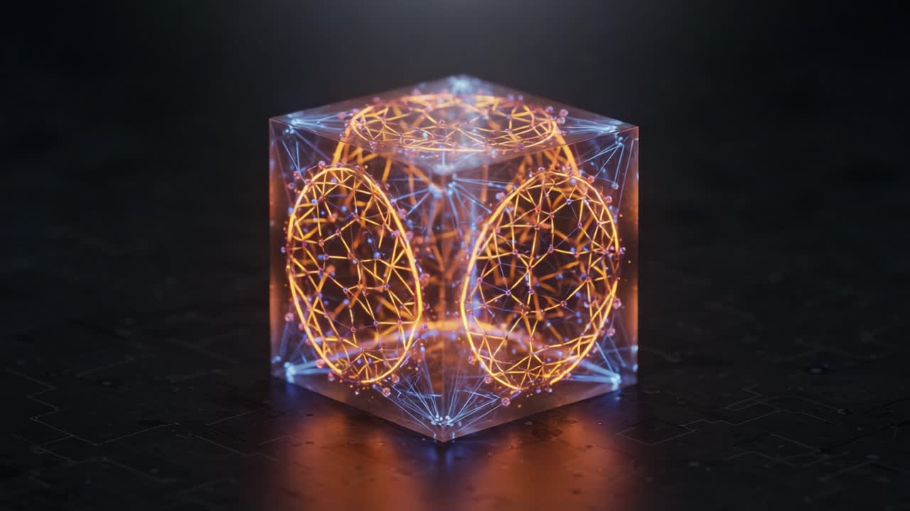 Exploring the Intricacies of a Glowing Geometric Cube: A Stunning Visualization of Connected Nodes and Dynamic Patterns in a Futuristic Environment