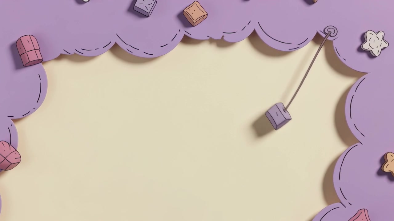 Cubo viola che oscilla dopo il cambio di inquadratura, appeso a un filo da un bordo viola smerlato su uno sfondo giallo pallido
