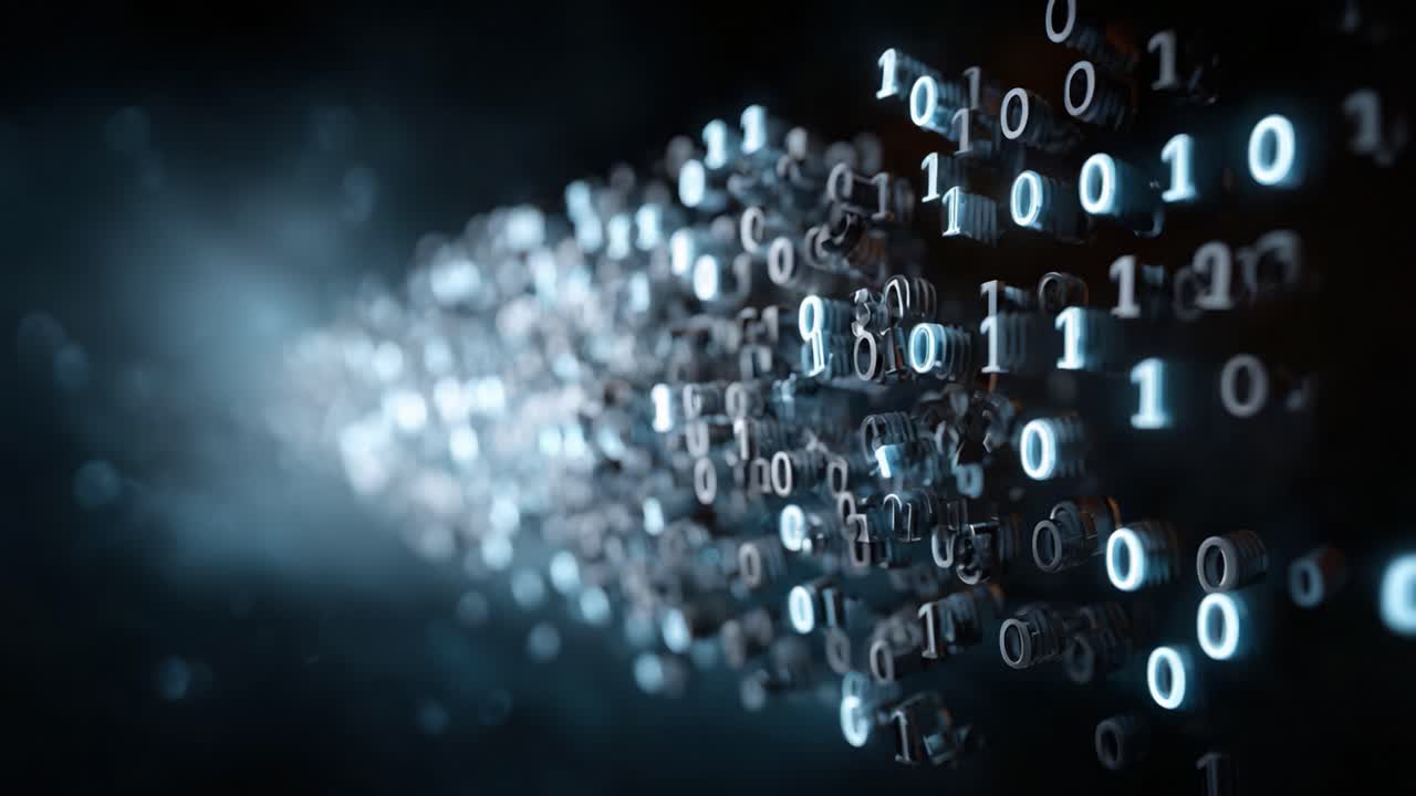 A Visual Representation of Digital Data Flow: Exploring the Stream of Binary Code Transitioning from One Frame to Another in a Futuristic Digital Environment
