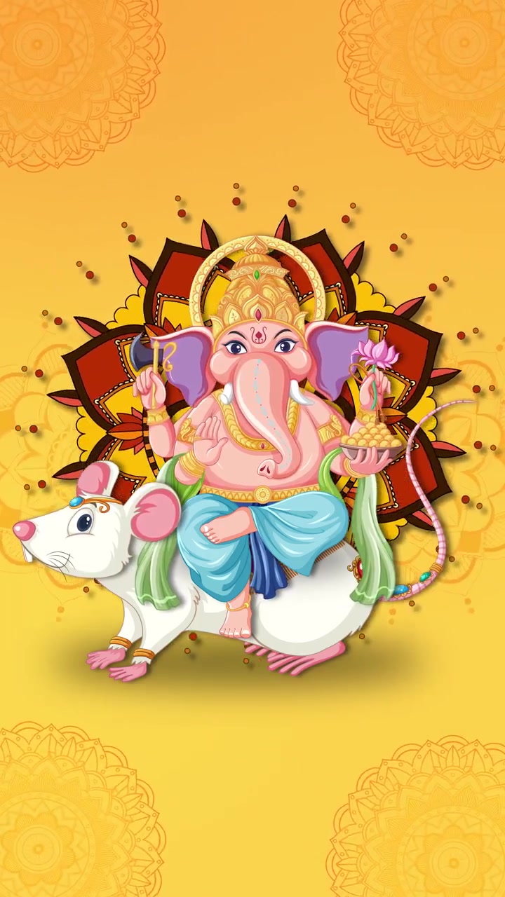 A divindade hindu Ganesha, em estilo desenho animado, aparece sobre um rato branco com padrões de mandala giratórios.