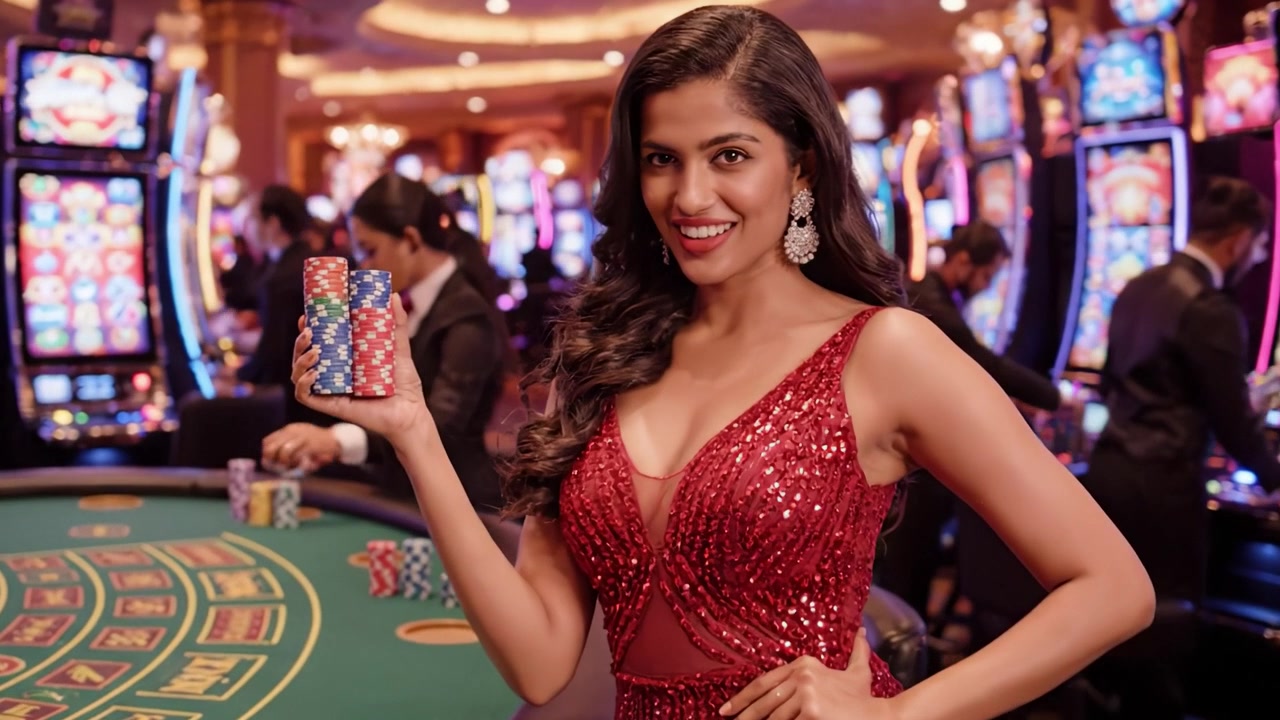 Elegancia y Emoción: Una Noche Glamurosa en el Casino Mostrando Póker y una Atmósfera Vibrante Llena de Juegos Emocionantes y Luces Brillantes.