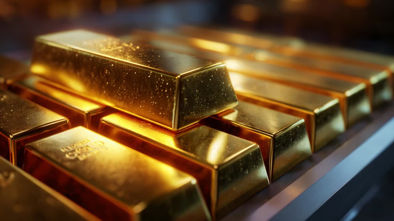 A Luxurious Display of Shimmering Gold Bars: Captivating the Eye with Their Gleaming Surfaces and Rich History of Value, These Impressive Ingots Reflect Wealth and Prestige in Stunning Detail