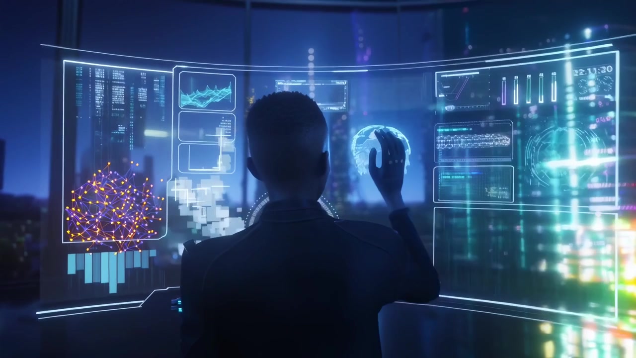 Person Interacting with Futuristic Holographic Data Interface in a Modern Office