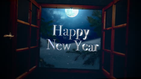 happy new year text with open window with away mountains