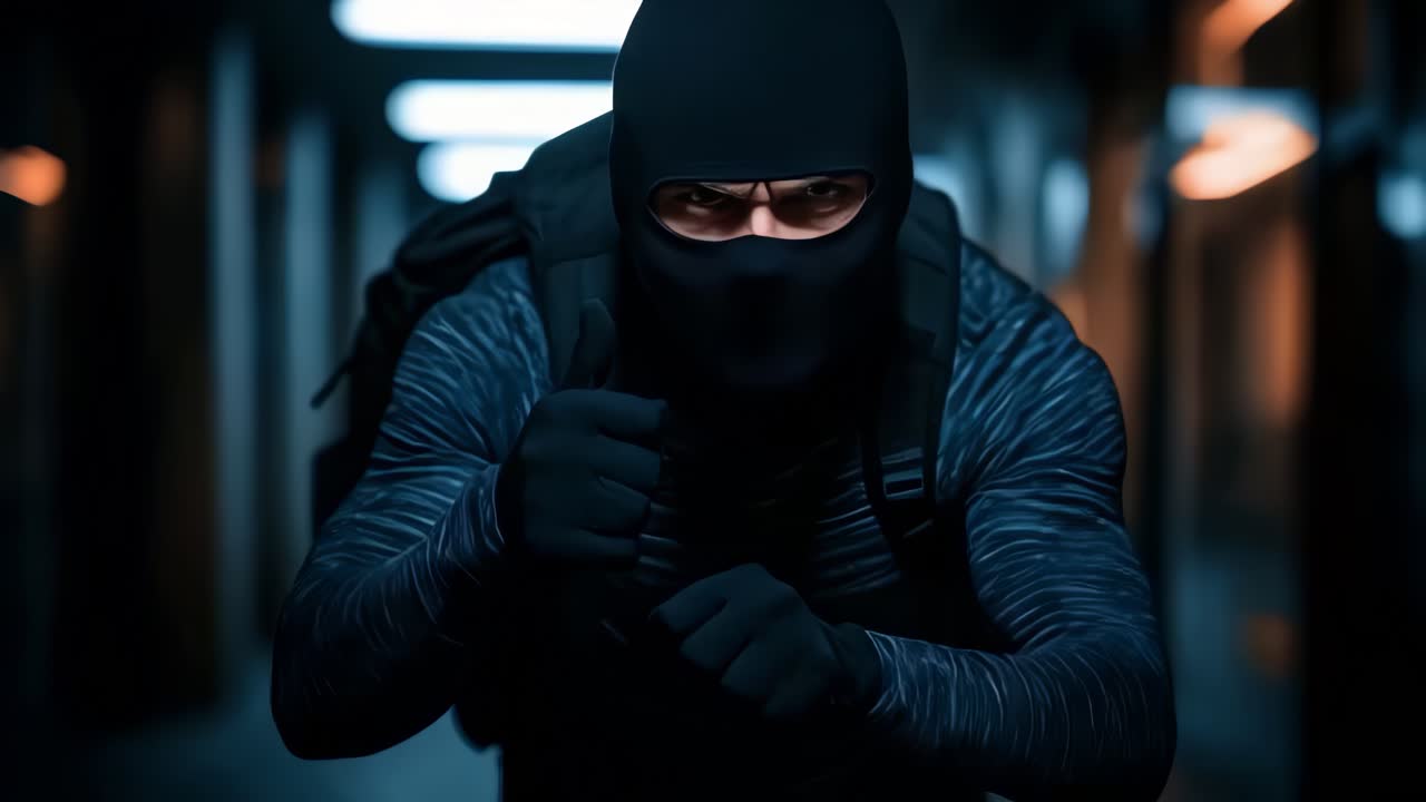 Hooded thief dressed in black running away.