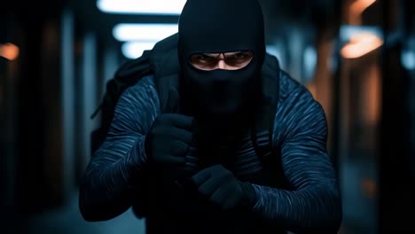 hooded thief dressed in black running away.