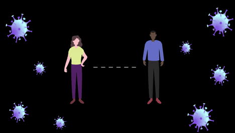 animation of falling covid 19 cells face mask over people wearing face masks