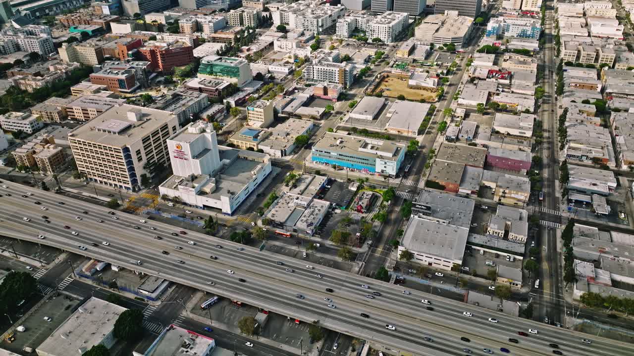 Aerial view of freeway Los Angeles downtown