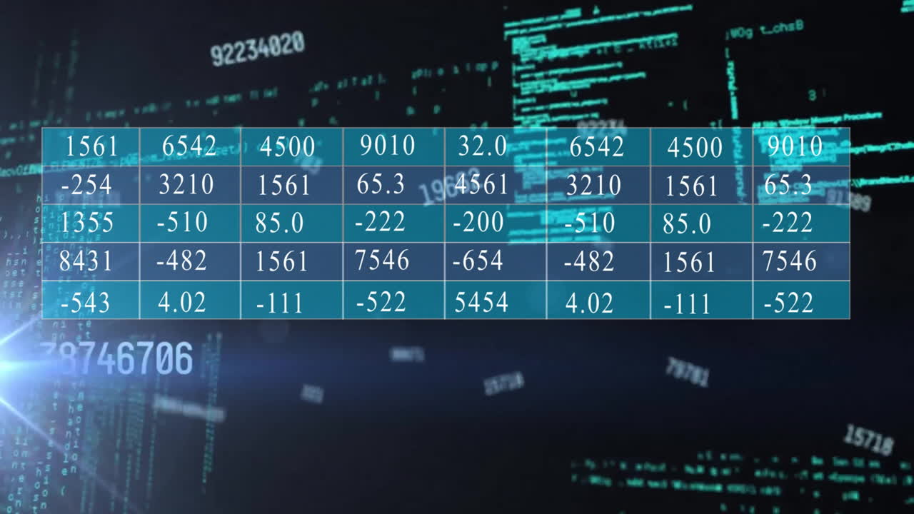 Animation of financial data processing over dark background