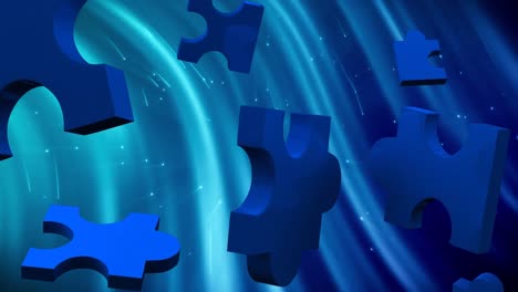 animación de rompecabezas azules flotando sobre un fondo azul claro