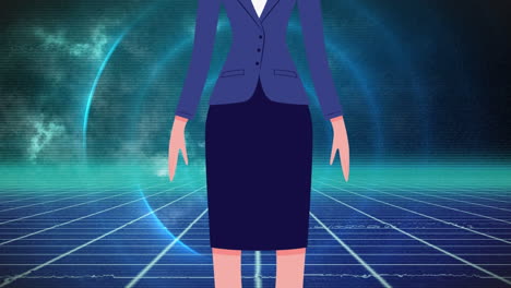 animation of businesswoman with face mask icon over moving shapes