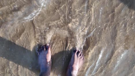 point of view of bare feet standing on the wet sand of a beach as the waves gently wash over them
