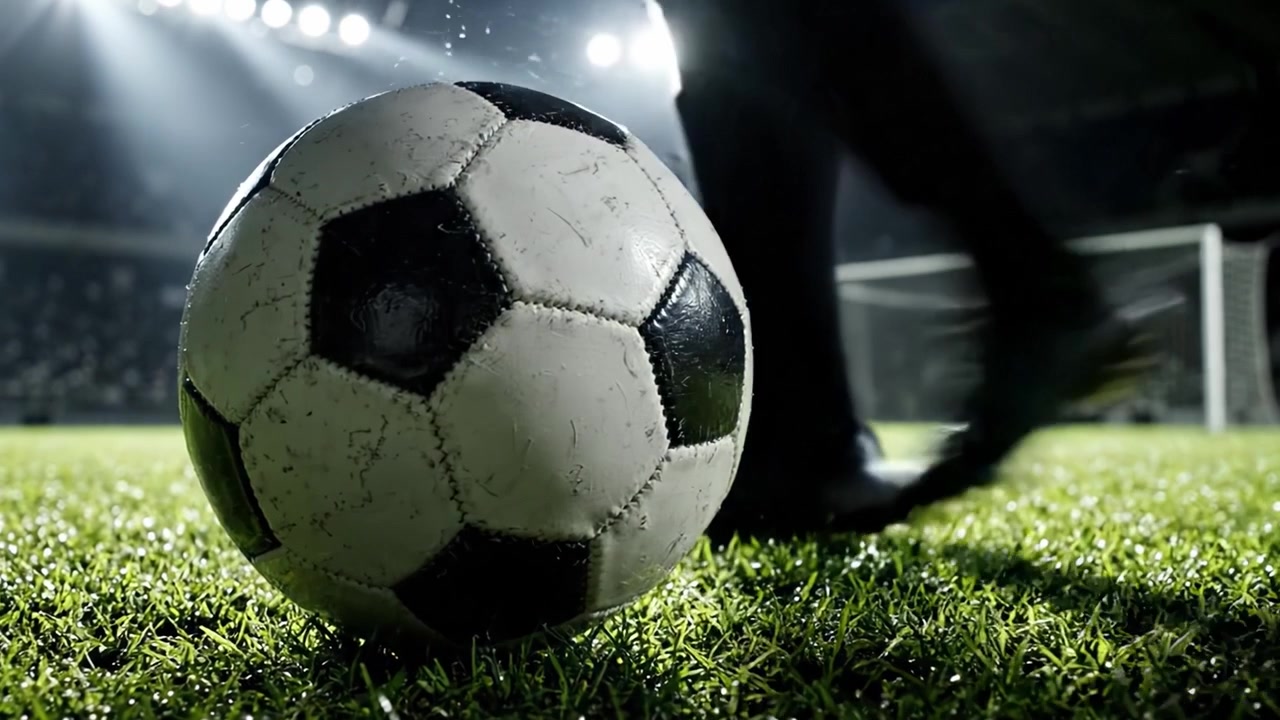 Intensiivinen hetki jalkapallossa: Lähikuva kuluneesta jalkapallosta nurmikolla, kun toiminta etenee kirkkaiden stadionvalojen alla.