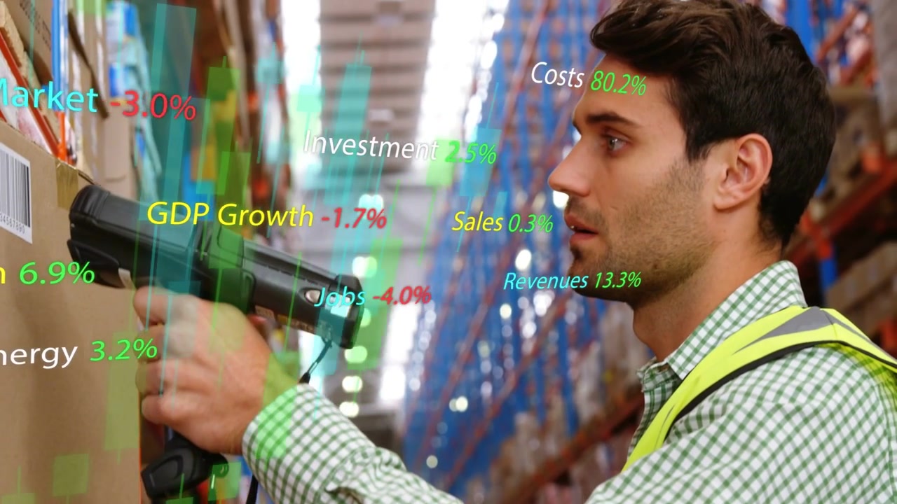Warehouse worker pressing scan and aiming scanner at label, updating stock with overlays increasing