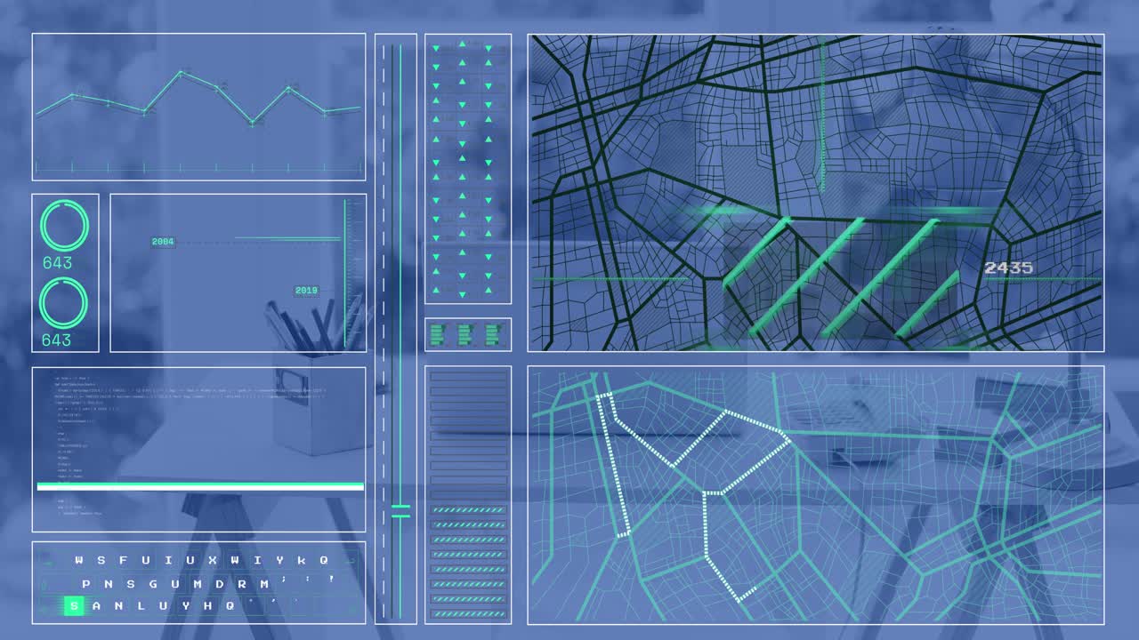 Animation of financial data processing over empty office