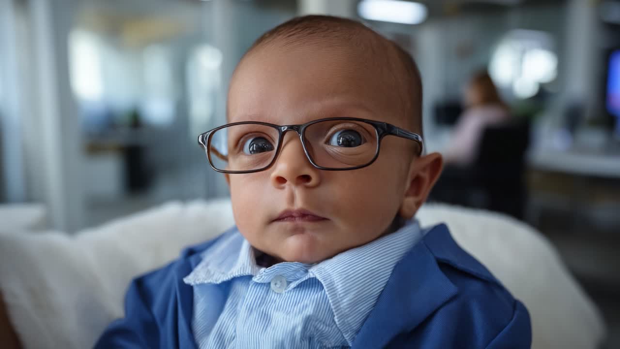 Adorabile neonato con occhiali e abbigliamento alla moda in un ufficio, che cattura un momento di curiosità e fascino in un'atmosfera professionale