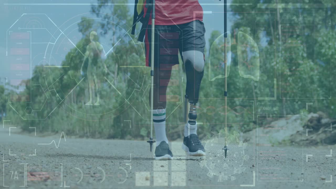 Animation of digital screen over african american man with prosthetic legs training on road
