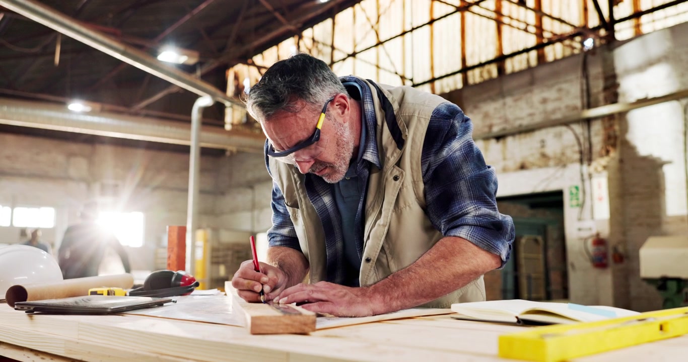 Carpenter Marking Measurements on Wood in Workshop