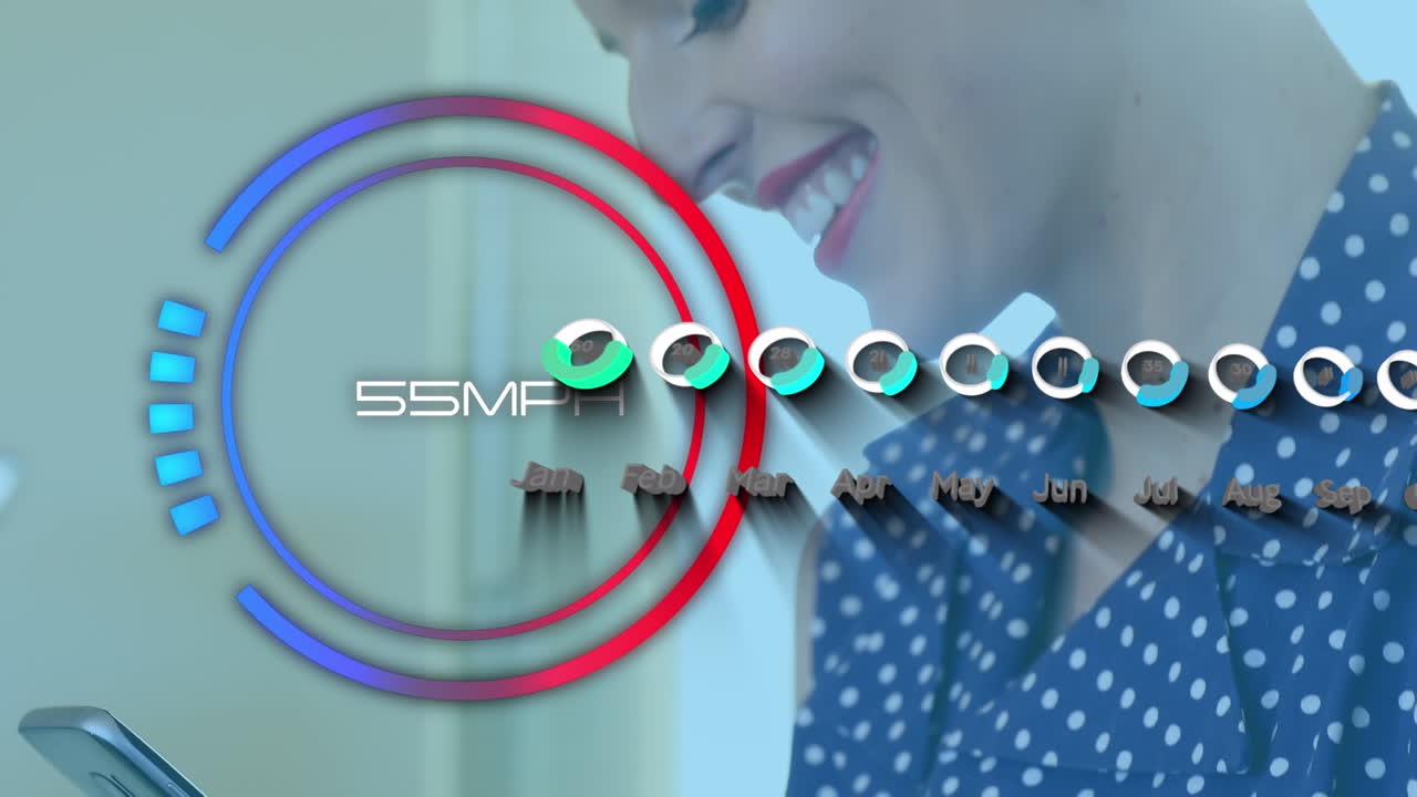 animación del velocímetro y procesamiento de datos estadísticos sobre mujer caucásica usando teléfono inteligente