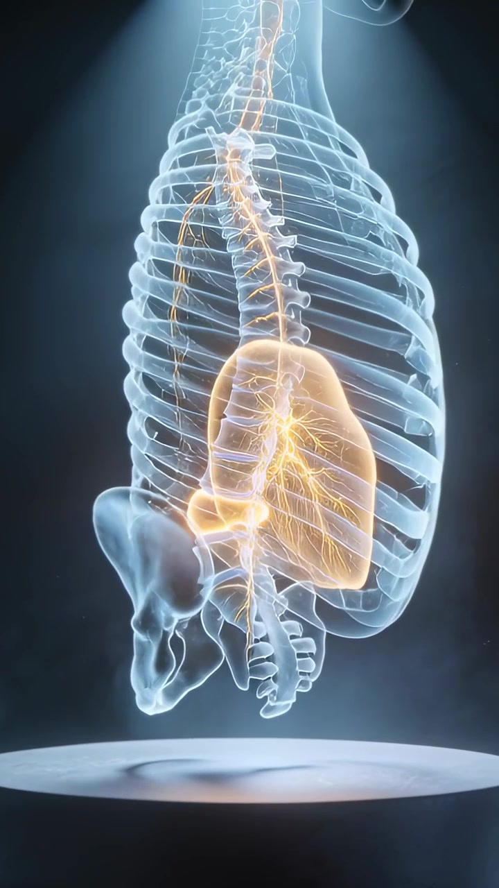 Vertical video: Spotlight starting floating spine rotating in studio showing spinal cord disc nerve