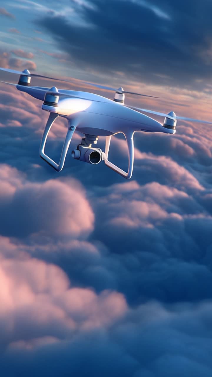 Luftdrone svæver gennem farverige skyer ved solnedgang, fanger fantastiske udsigter med sit kamera, mens den udforsker den smukke himmel og den omkringliggende atmosfære