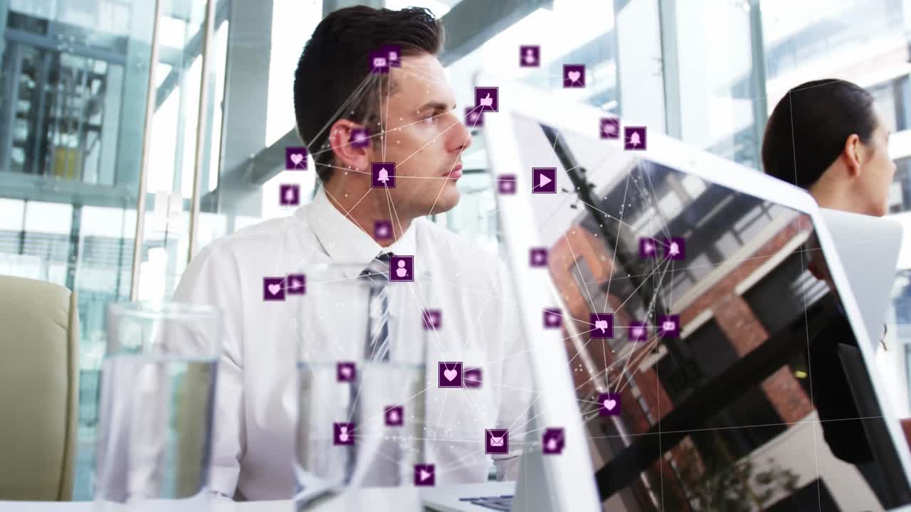 animación de la red de conexiones con iconos sobre diversos empresarios en la oficina