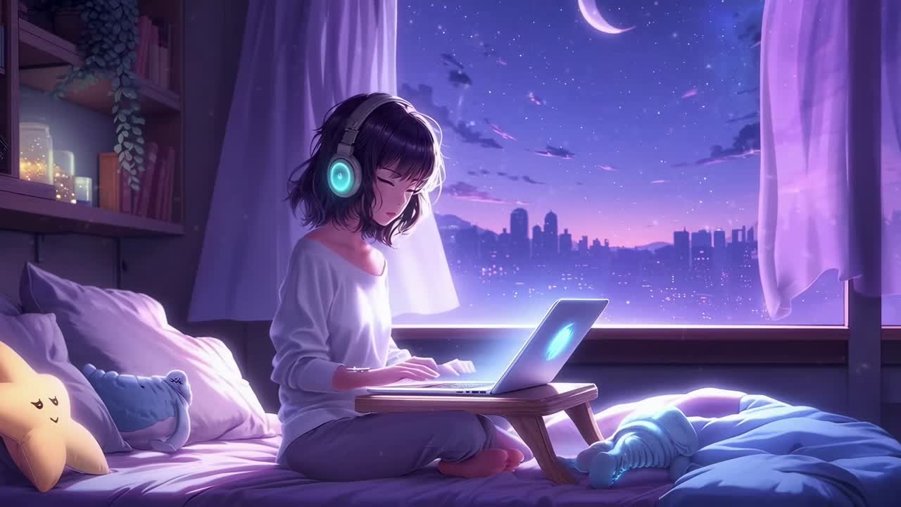 Concept video in stile anime di una ragazza con le cuffie che lavora su un laptop. Angolazione laterale