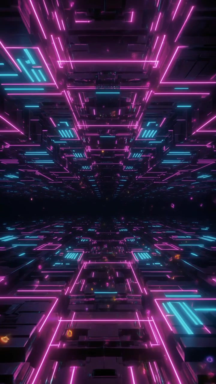 Tunnel digitale futuristico con luci al neon rosa e blu luminose