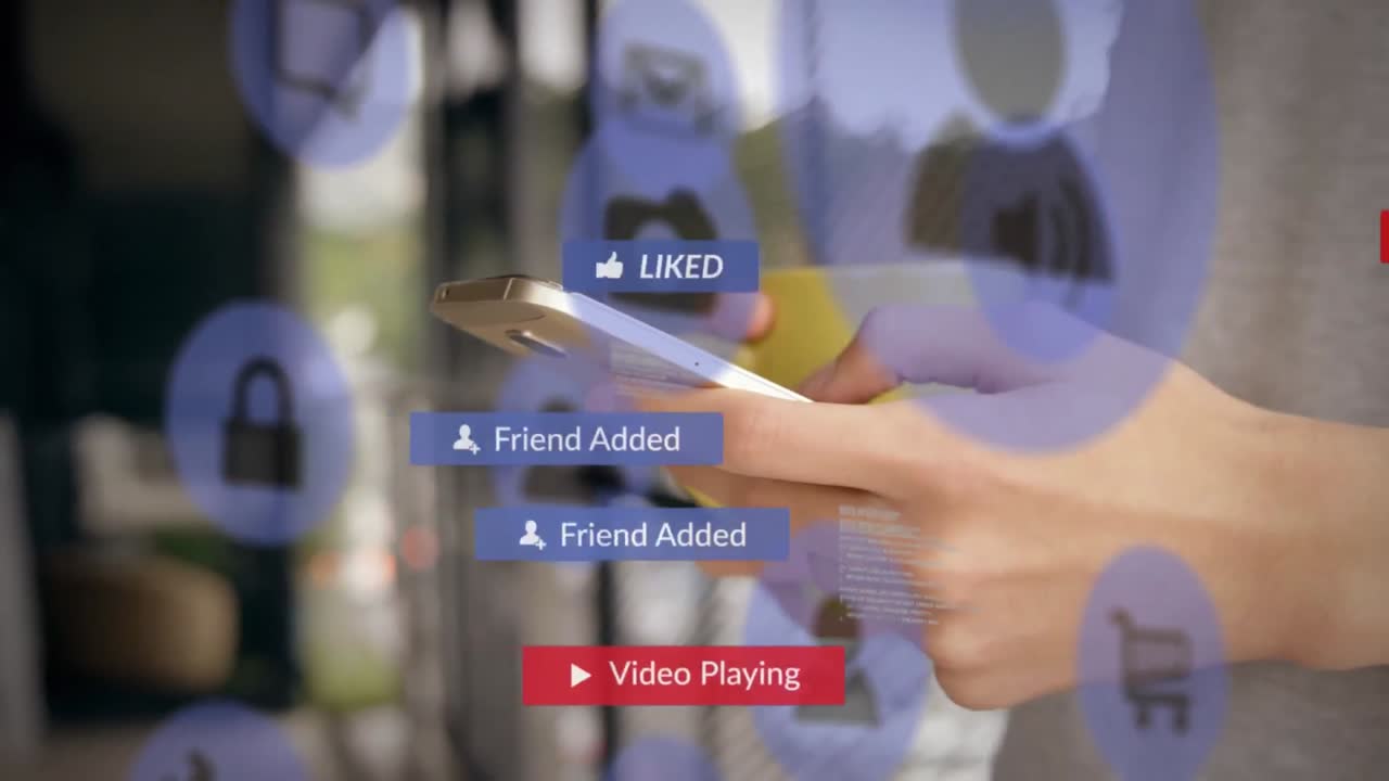 스마트폰을 사용하는 여성 위에 떨어지는 소셜 미디어 아이콘의 애니메이션