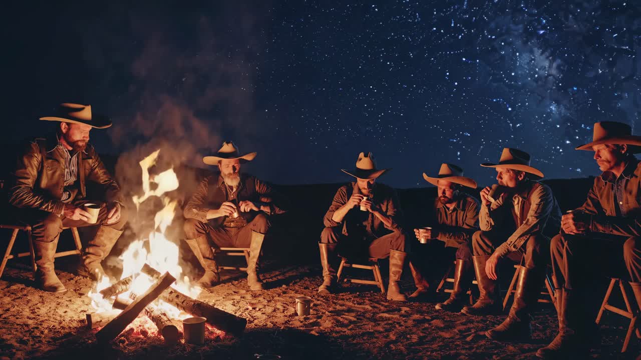 Cowboys Gathering Around a Campfire Under a Starry Night