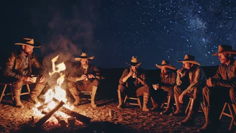 cowboys gathering around a campfire under a starry night