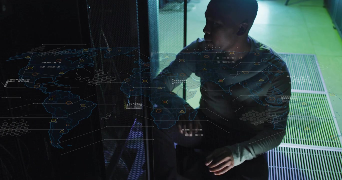 Male tech kneeling by glass rack, tech overlay appearing and urging checking LEDs, pulling latch