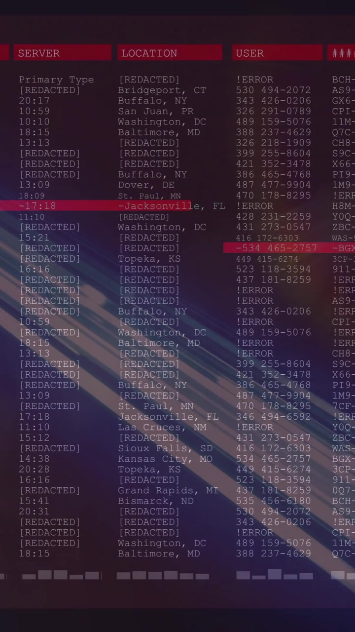 Light streaks highlighting digital data table with user information and network details