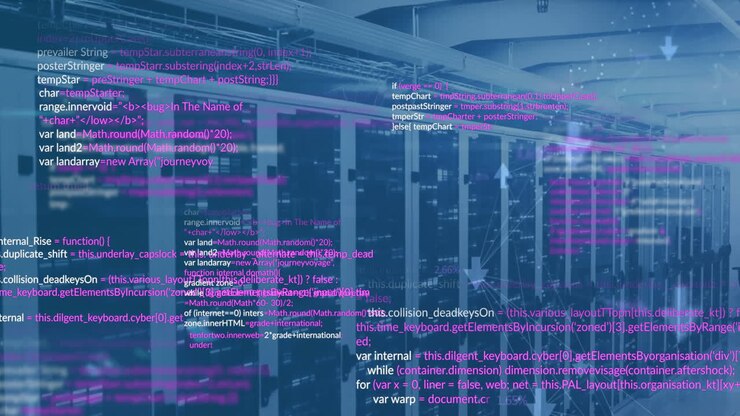 Анимация обработки финансовых данных над компьютерными серверами