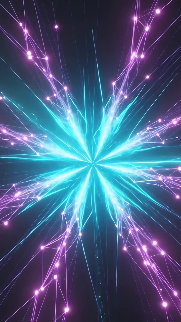 Vertical video: Appearing core sending beams, growing web in space with magenta nodes forming star