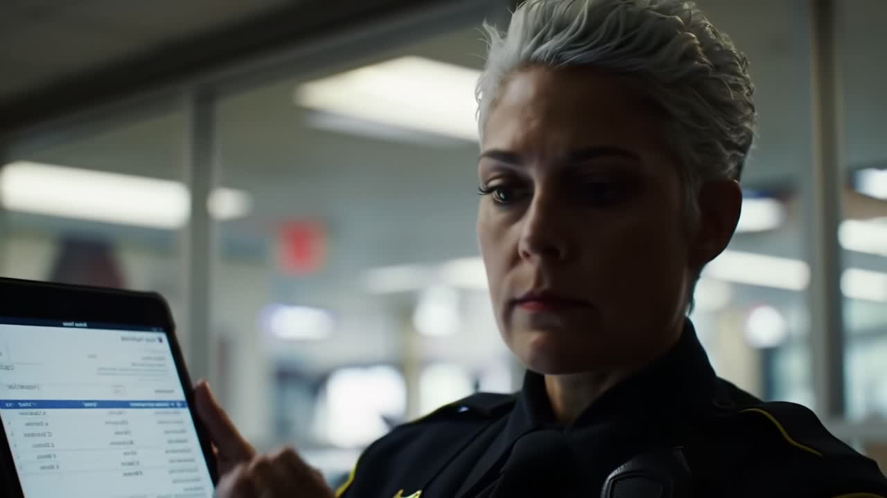 Focused Officer Analyzing Data on a Tablet, Showcasing Attention to Detail in Law Enforcement Responsibilities