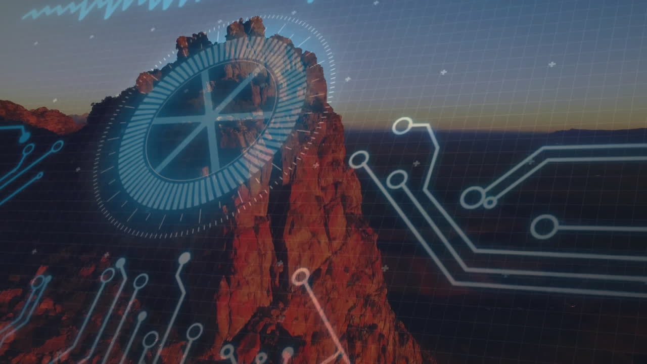 Sandstone spire rising sharply from canyon at dusk, showing neon-blue HUD and grid overlay