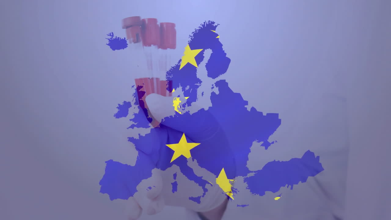 In school laboratory, hand holding test tubes with animation of European map stars