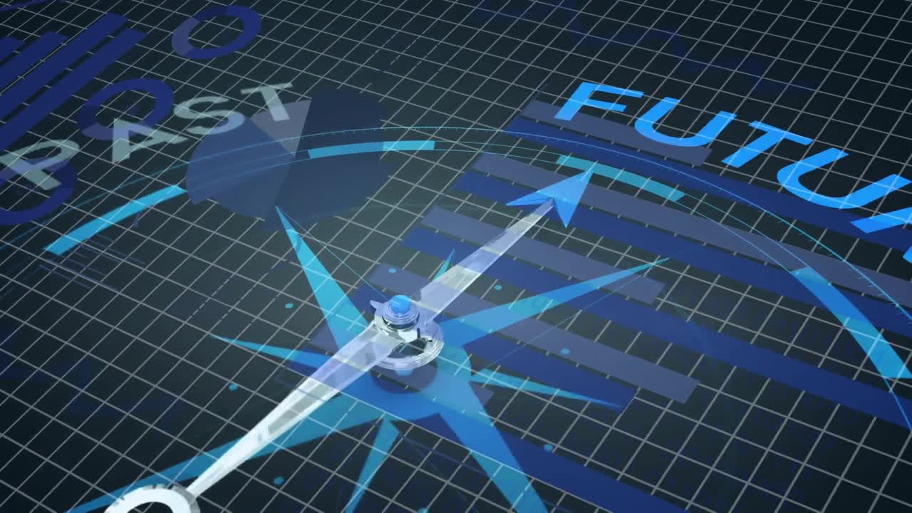 과거에서 미래 텍스트로 이동하는 바늘과 함께 나침반 위의 통계 및 데이터의 애니메이션