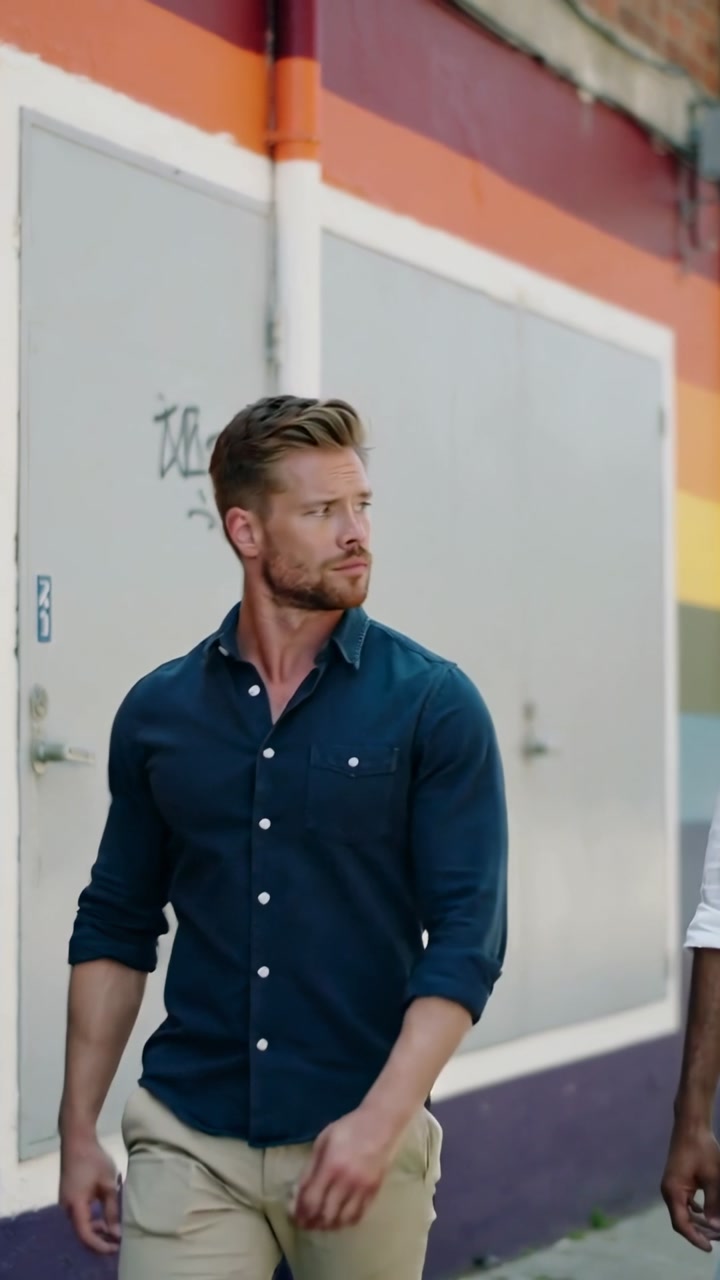 Lead man walking past rainbow wall graffiti glancing right friend joining promo overlays appearing