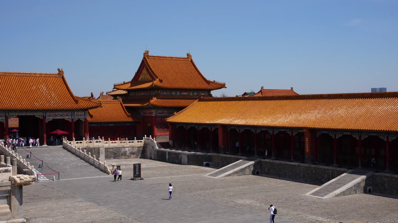 Some tourists explore the Forbidden City in Beijing under a clear blue sky, China