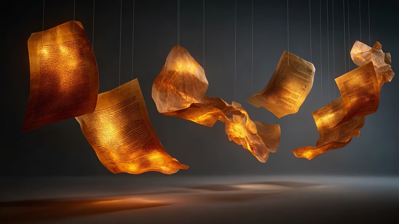 Glowing ancient manuscripts and old papyrus scrolls hanging from the ceiling, creating a mystical and historical atmosphere with warm light reflecting on the floor against a dark background