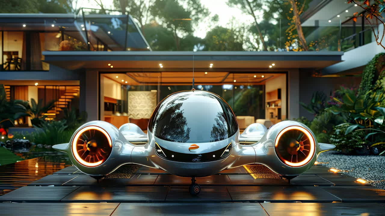 Flying vehicle over house. A sleek flying vehicle hovers over a contemporary home surrounded by lush greenery in this futuristic scene