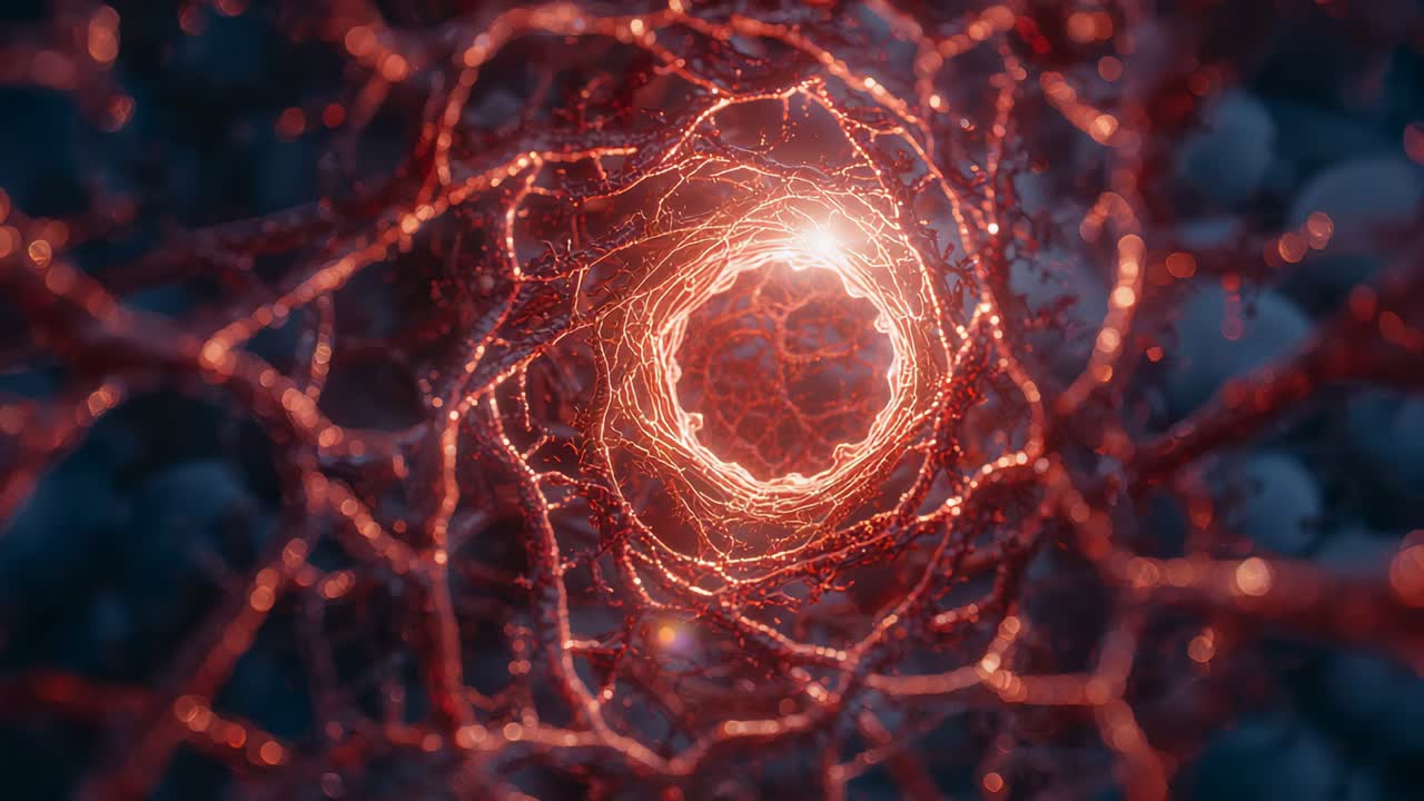 Reacting to glow increase, zooming camera moving into interwoven filaments revealing bright core