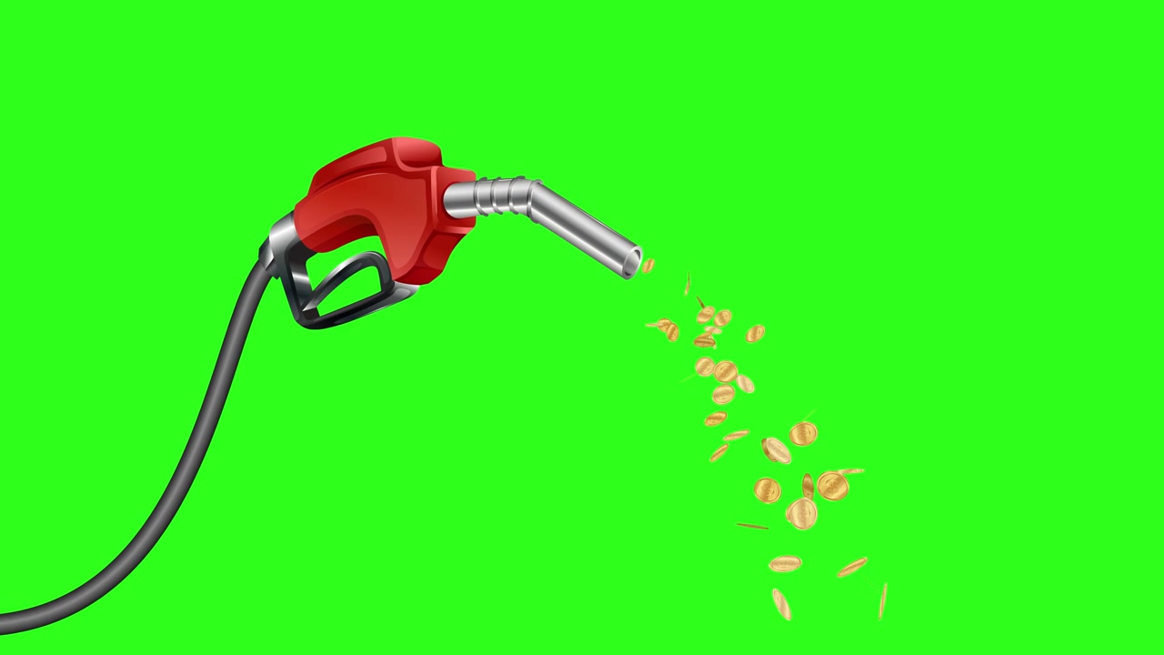 Animated gas pump nozzle sprays gold coins over a rising blue bar chart and arrow