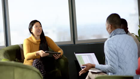 casual diverse business people working together in office, slow motion, copy space